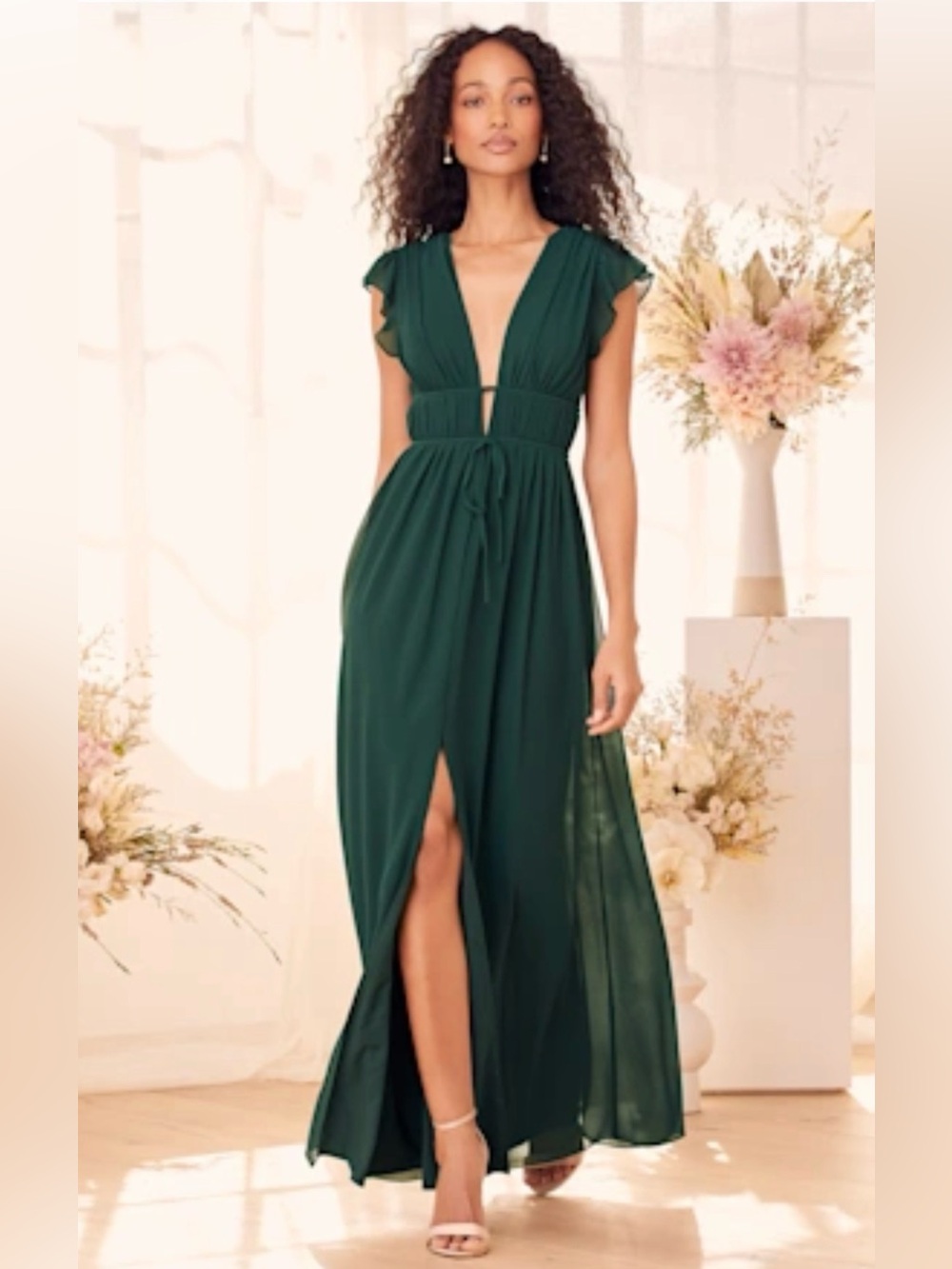 Elegant Deep Green Maxi Dress with Plunging V-Neck Wedding Guest Bridesmaid
